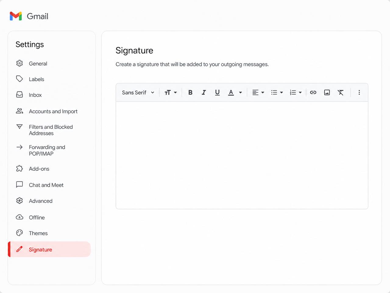 Gmail settings page with the Signature section highlighted in the left sidebar.