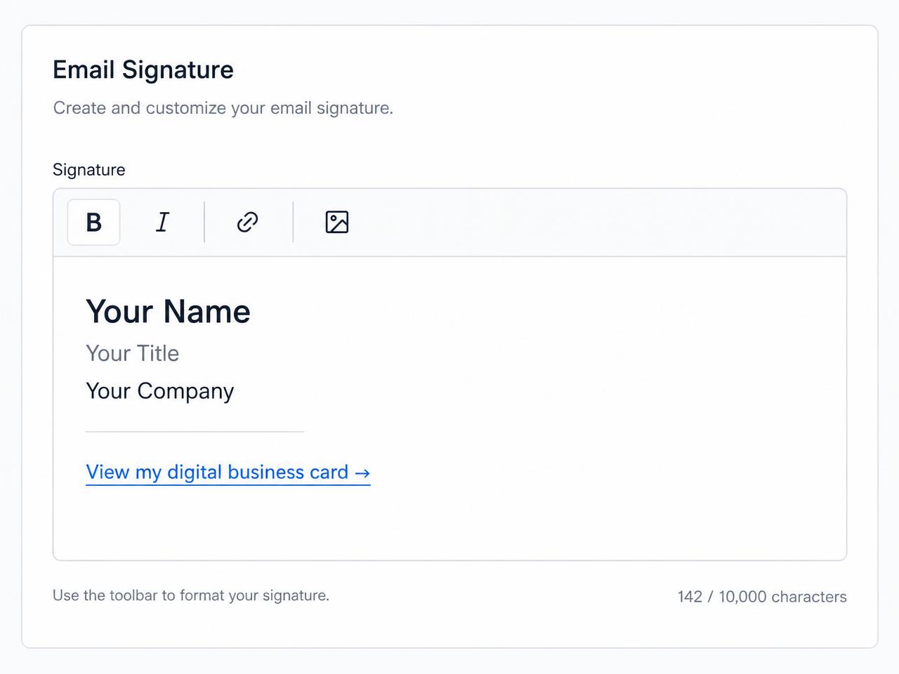 Email signature editor showing a name, title, company, and a hyperlinked call-to-action to a digital business card.