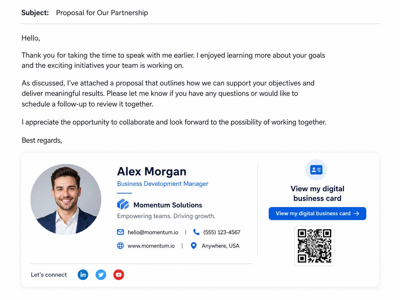 Final email with a professional signature that includes a digital business card link and QR code.
