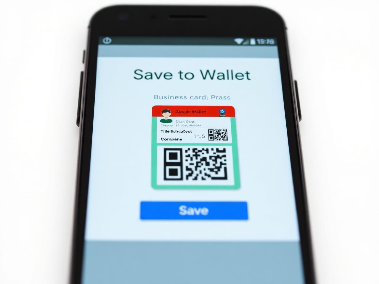 Google Wallet Save to Wallet preview on Android showing a LiftBiz business card pass with name, title, company, and QR code, plus a Save button.