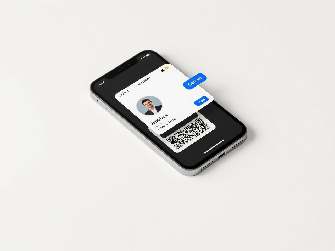 iOS wallet pass preview showing a LiftBiz business card with photo, name, title, and QR code, with the Add button in the top-right corner.